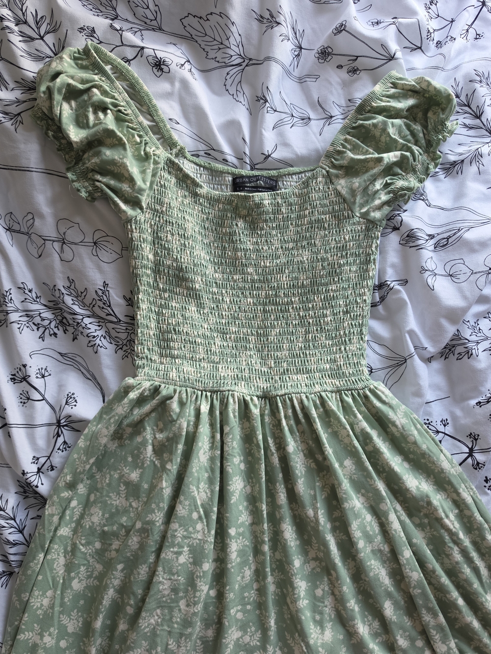 Urban Outfitters Sage Green Floral Smocked Puff Sleeve Dress